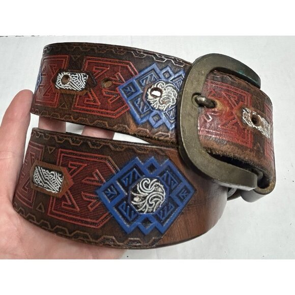 Western Saddle Leather Belt 32 Hand Painted Tooled Embossed Aztec Brass Buckle - Picture 1 of 14